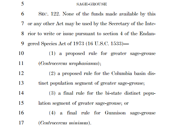 这几行作为政策骑手附在克伦尼布斯法案上的文本可能对保护艾草松鸡产生重大影响。