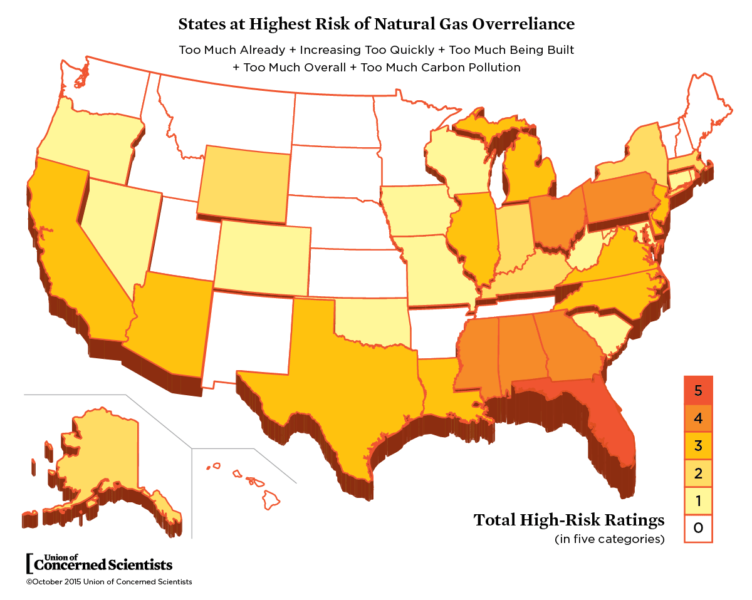 地图显示各州及其与甲烷气体的关系