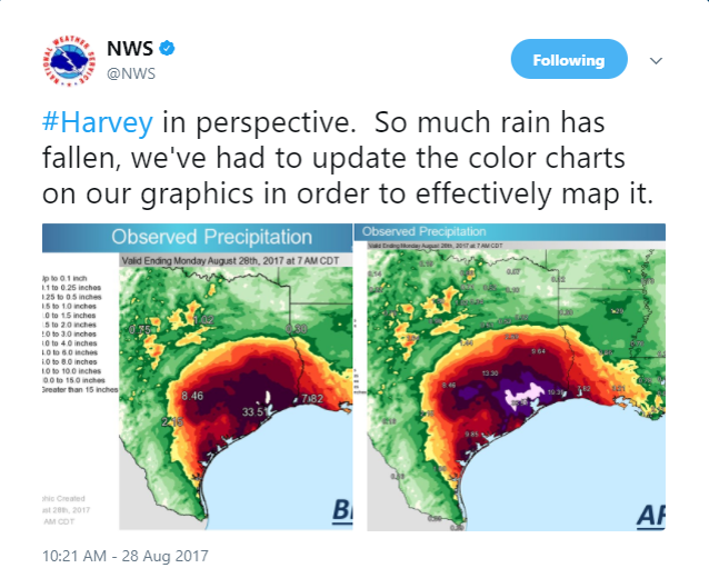 美国国家气象局更新飓风哈维过后休斯顿的降水图