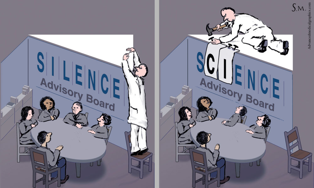 Cartoon showing Silence Advisory Board replaced by Science Advisory Board