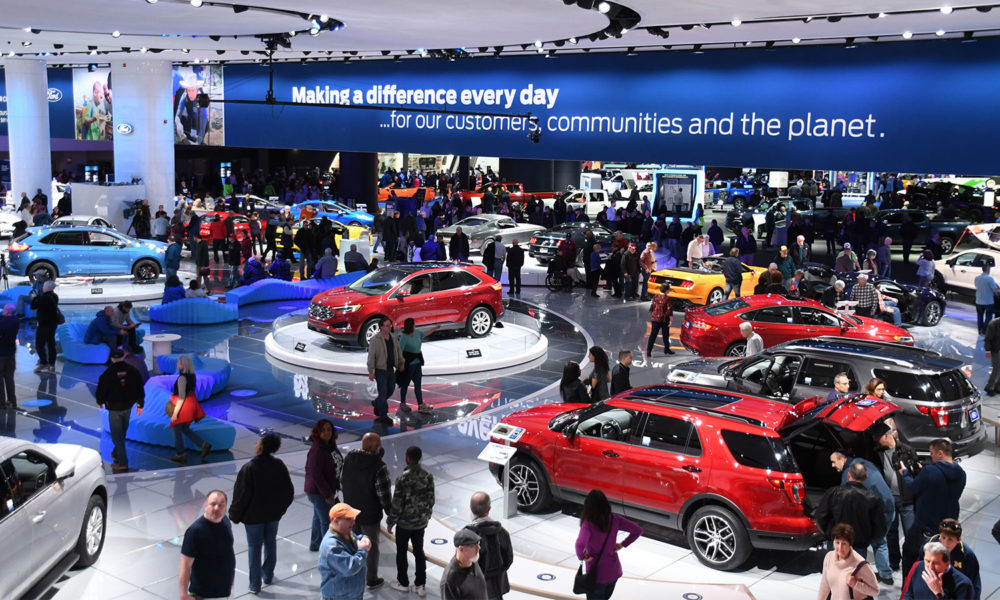 View from upper level of Ford display 2018 North American International Auto Show