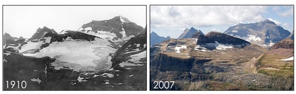 冰川国家公园的博尔德冰川的两张照片，从相同的有利位置拍摄。左边的照片摄于1910年。右边的照片，摄于2007年，显示了冰川的急剧缩小。