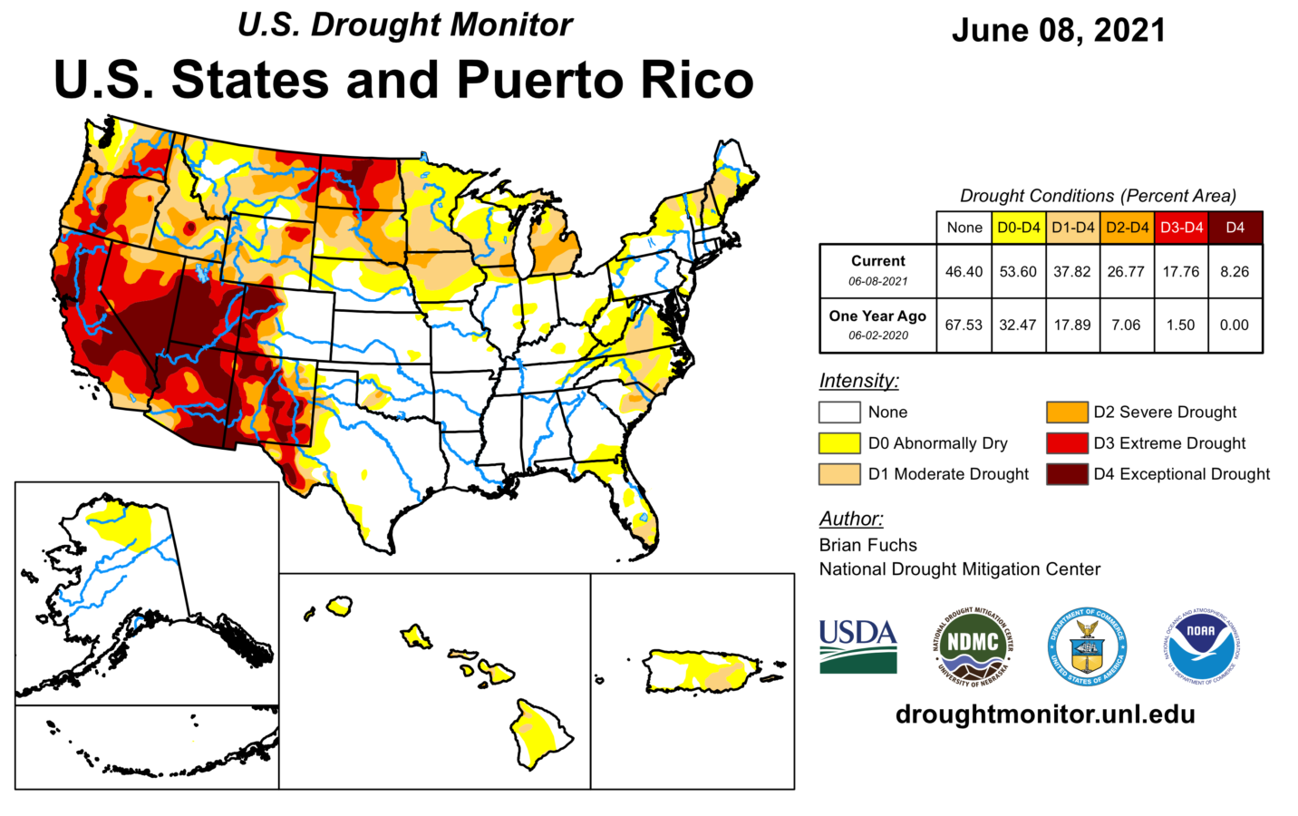 美国和波多黎各地图，显示来自美国干旱监测的数据。它显示了美国西部的一大片地区处于不同程度的干旱条件下，从浅黄色到暗红色。