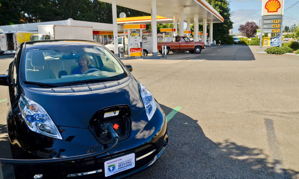 Nissan LEAF charging at Shell Station on West Coast Electric Highway
