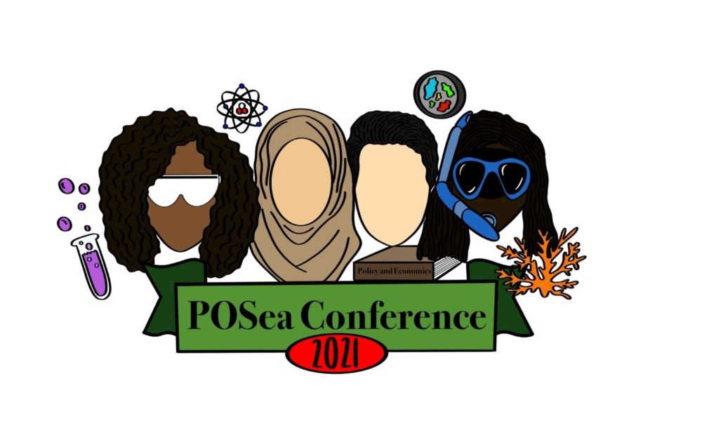这是POSea会议的标志，以一组黑色和棕色的面孔为特色，其中一人戴着头巾，穿着各种科学装备，包括通气管和防护眼镜