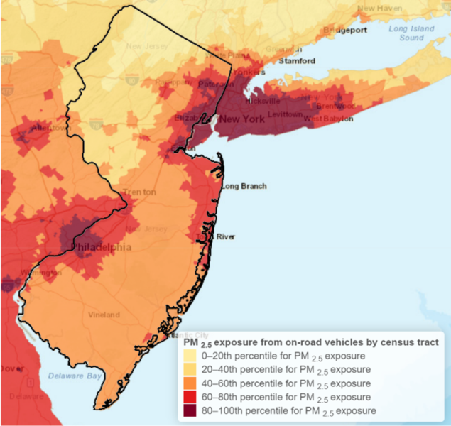 显示新泽西州道路车辆PM2.5污染热点的地图金宝博的网址