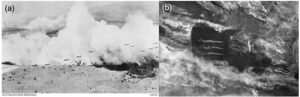 两张二战飞机的黑白照片。这些照片是从很远的地方拍摄的，可以看到烟雾。