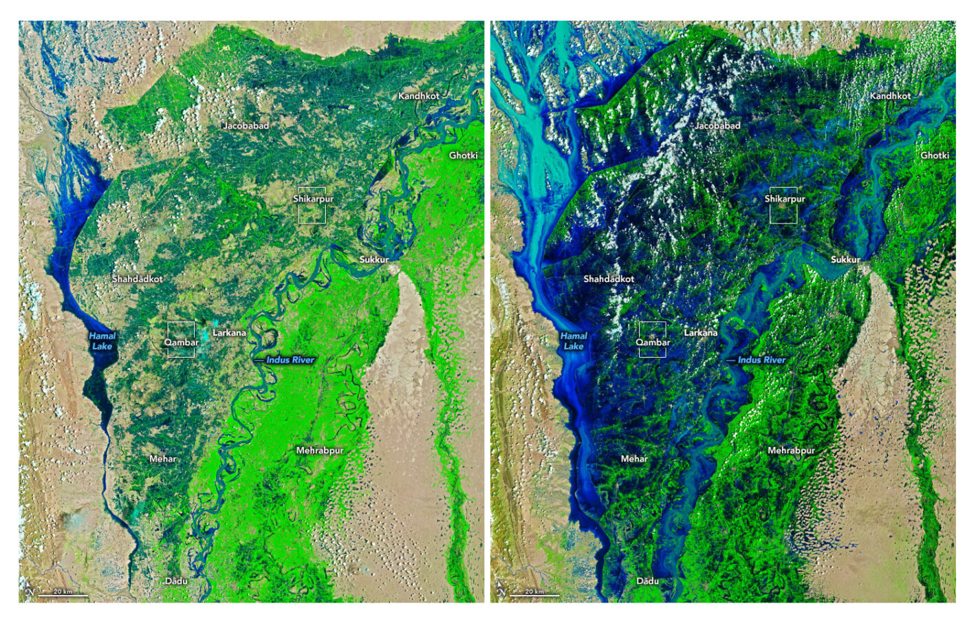 美国国家航空航天局(Nasa)拍摄的巴基斯坦8月份洪水泛滥的对比图片。