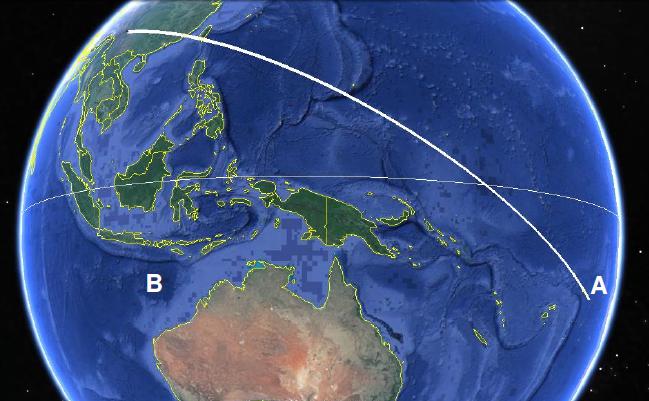 图4:火箭从西昌发射到南纬15度a再入点的地面轨道(在不旋转的地球上)。要让火箭在B点或更远的西部重新进入大气层，轨道的远地点必须至少达到23000公里。(来源:谷歌地图)