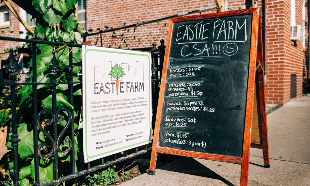 马萨诸塞州东波士顿Eastie农场入口前的两个标志的照片。一个挂在栅栏上的解释了它的使命;另一个在黑板上列出了参加CSA项目的人今天可以得到什么。
