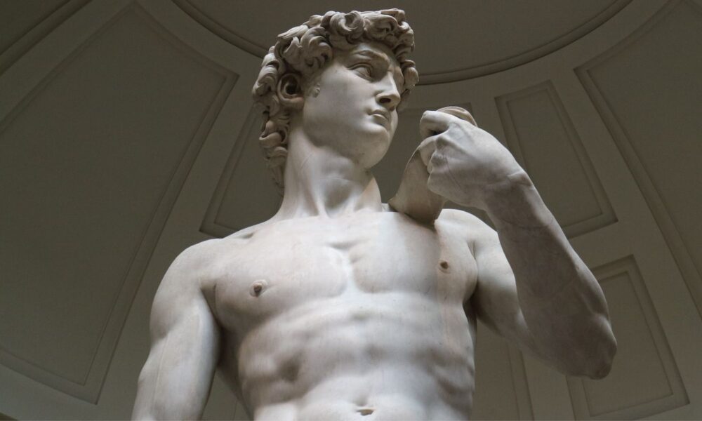 close up of head and torso of Michelangelo's David statue